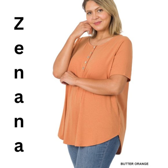 Zenana Outfitters Tops - Zenana PLUS SHORT SLEEVE DOLPHIN HEM SHELL BUTTON TOP